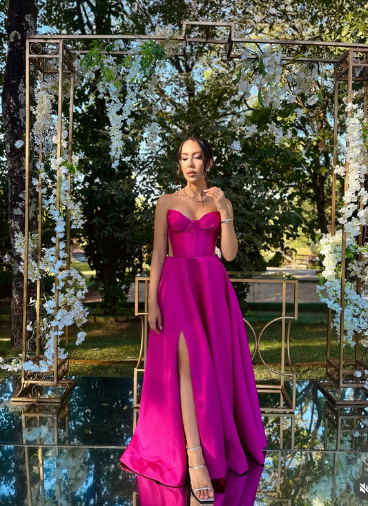 Sweetheart A Line Pink Prom Dress With Slit Wedding Guest Dress J7772