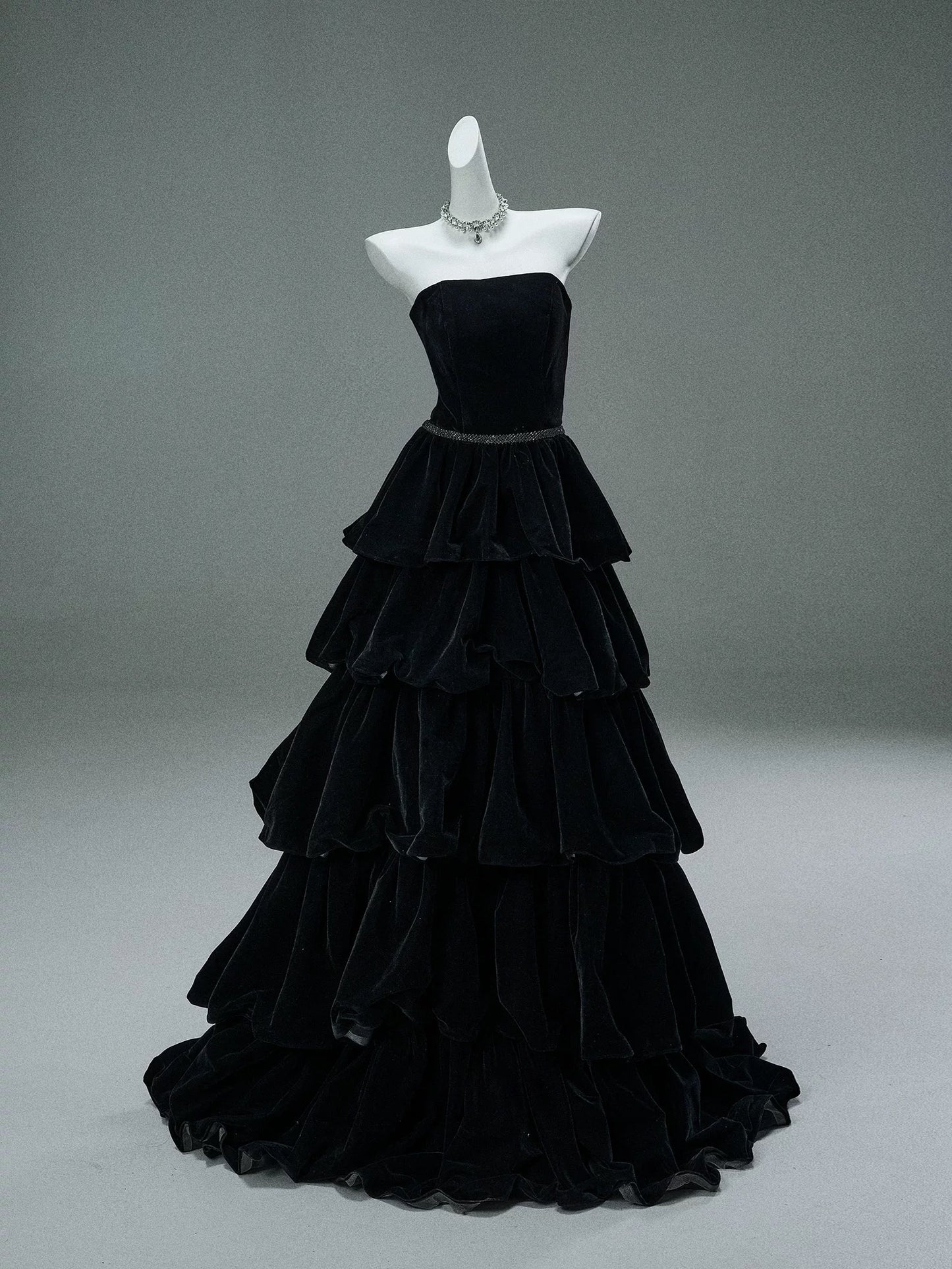 Strapless Black Tiered A Line Long Prom Dresses Velvet Birthday Dress J8435