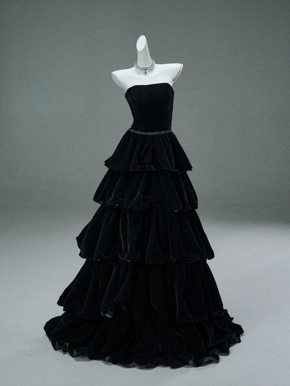 Strapless Black Tiered A Line Long Prom Dresses Velvet Birthday Dress J8435