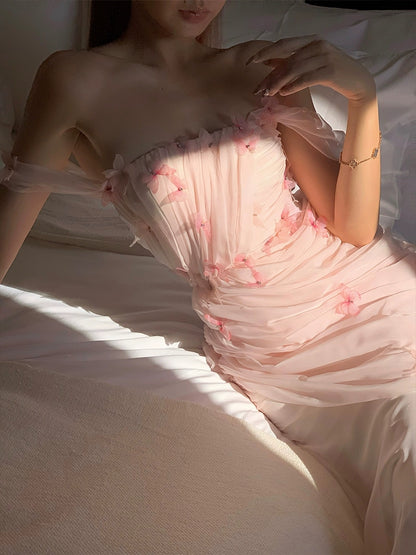 Robe de bal longue en mousseline rose avec papillon 3D et épaules dénudées, jolie robe de soirée J8612