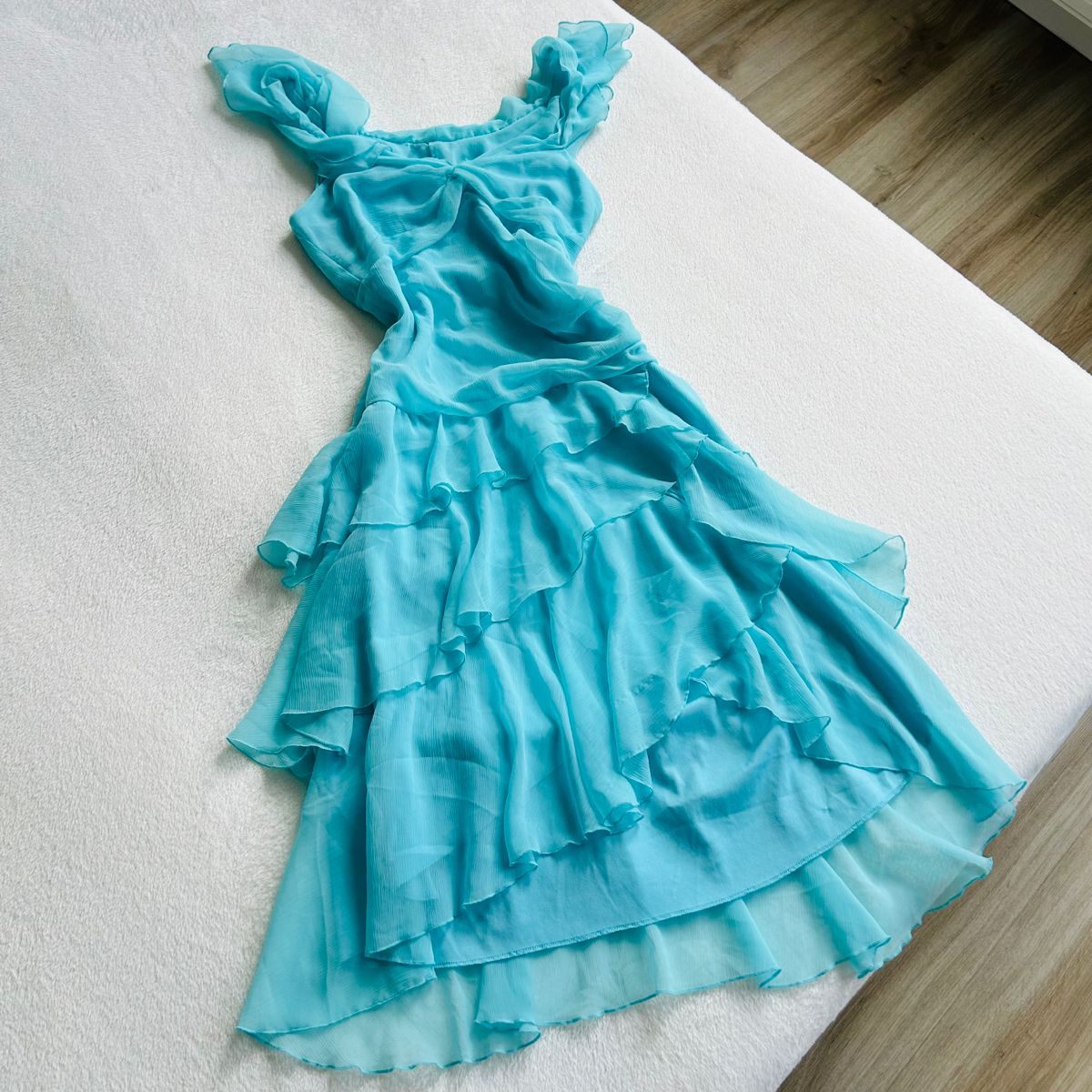 Robe de bal trapèze bleue à volants et superpositions, tenue de fête d'anniversaire, J8276