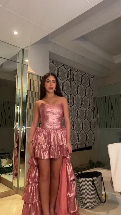 A Line Pink Strapless Prom Dress High Low Layered Evening Dress J8741