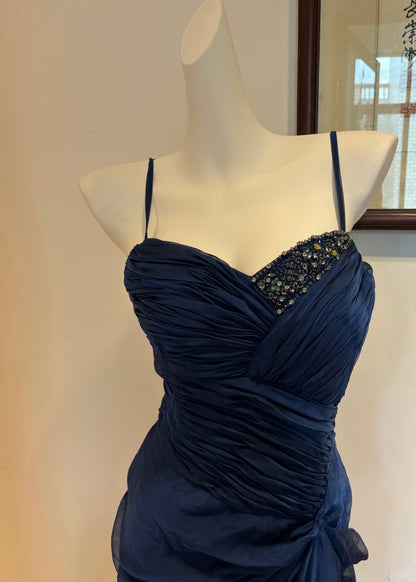 Spaghetti Straps Navy Blue Long Prom Dress Beaded Evening Dress J8001