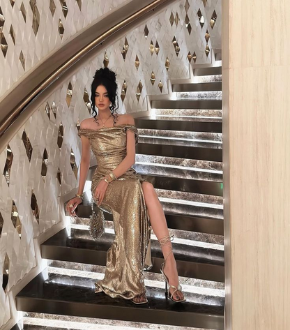 Off Shoulder Sparkling Birthday Dress Long Evening Party Dress J8314