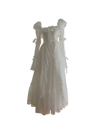 Robe longue de soirée ivoire trapèze en mousseline de soie et dentelle, robe d'anniversaire avec dentelle J8431