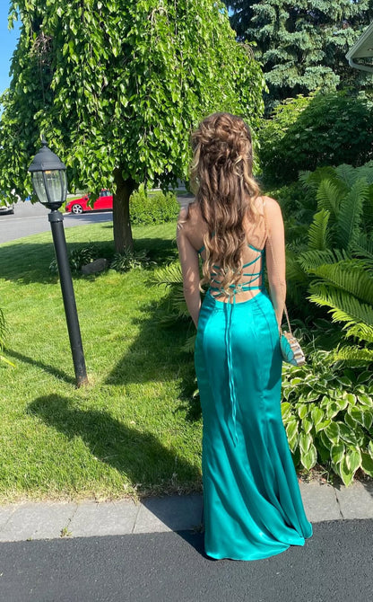 Spaghetti Straps Green Long Prom Dress With Slit Satin Evening Dress J7870