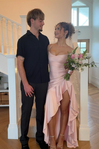 Spaghetti Straps Pink Ruffle Long Dress with Slit J8867