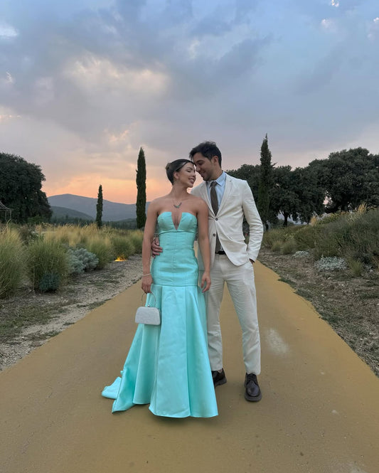 Robe de bal longue sirène bleue en satin J8059