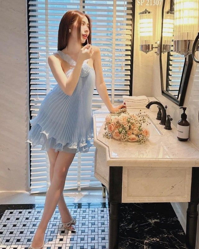 Cute A Line Halter Baby Blue Pleated Homecoming Dress Birthday Dress J8157