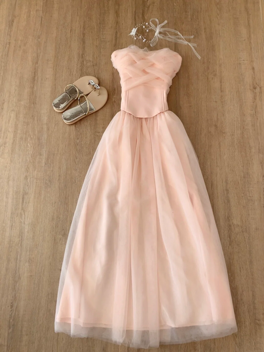 Strapless Pink Tulle Long Prom Dress A Line Formal Party Dress J8804
