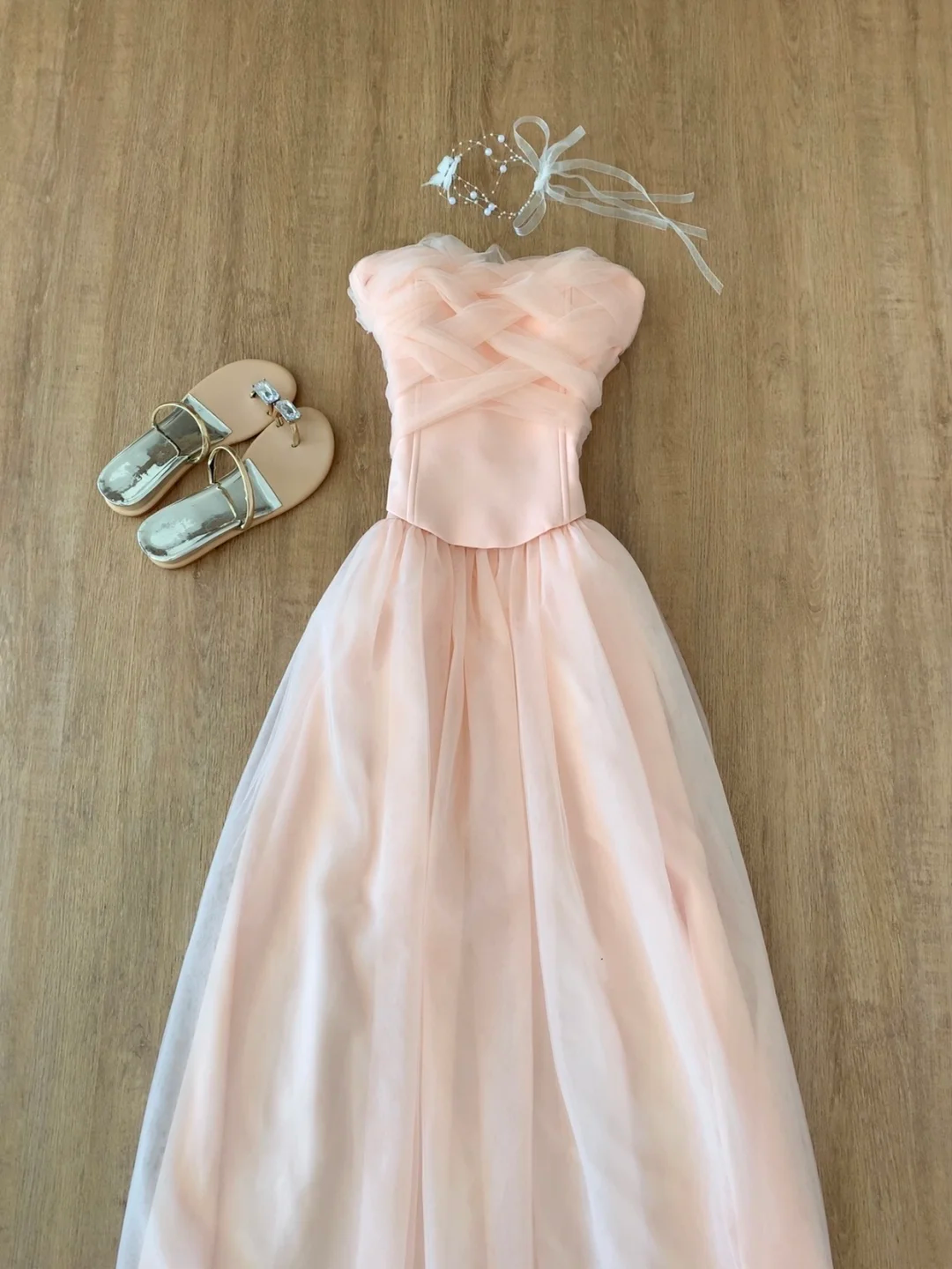 Strapless Pink Tulle Long Prom Dress A Line Formal Party Dress J8804