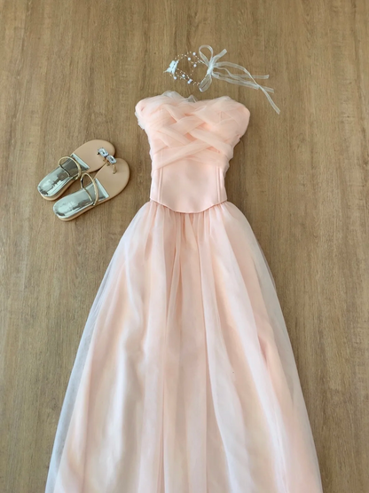 Strapless Pink Tulle Long Prom Dress A Line Formal Party Dress J8804