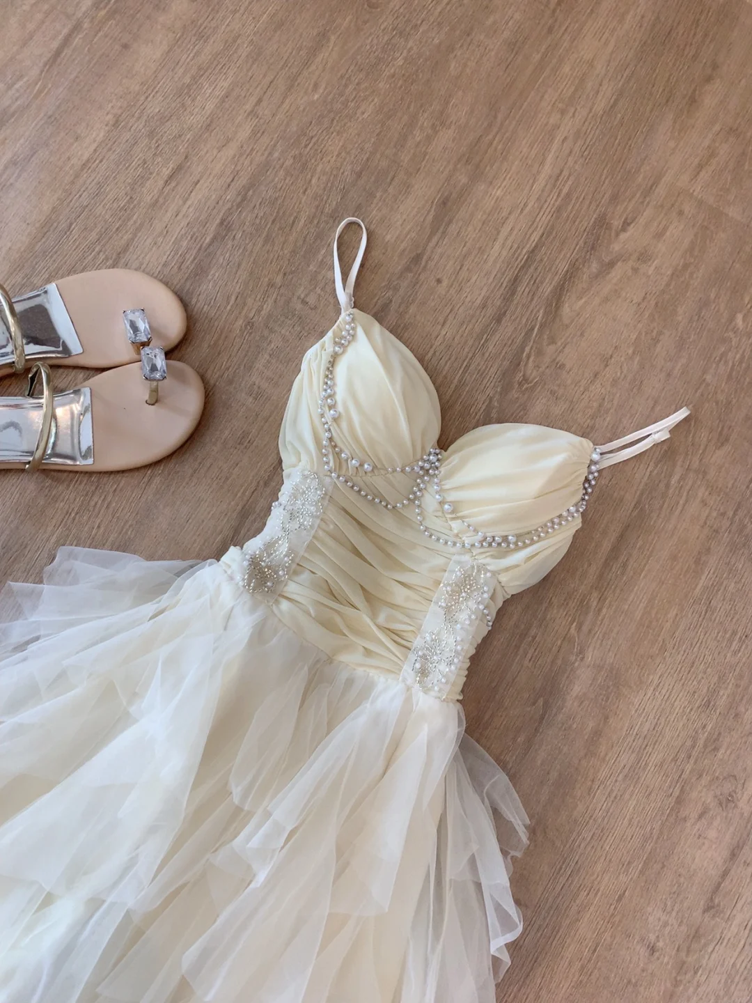 Spaghetti Straps Tulle Ruffle Prom Dress Beaded A Line Evening Dress J8805