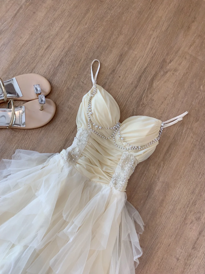 Spaghetti Straps Tulle Ruffle Prom Dress Beaded A Line Evening Dress J8805