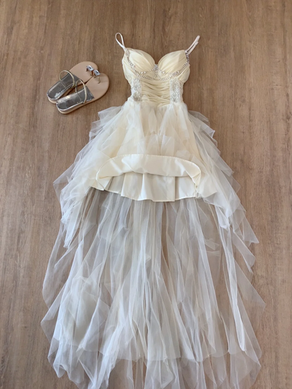 Spaghetti Straps Tulle Ruffle Prom Dress Beaded A Line Evening Dress J8805