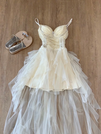 Spaghetti Straps Tulle Ruffle Prom Dress Beaded A Line Evening Dress J8805