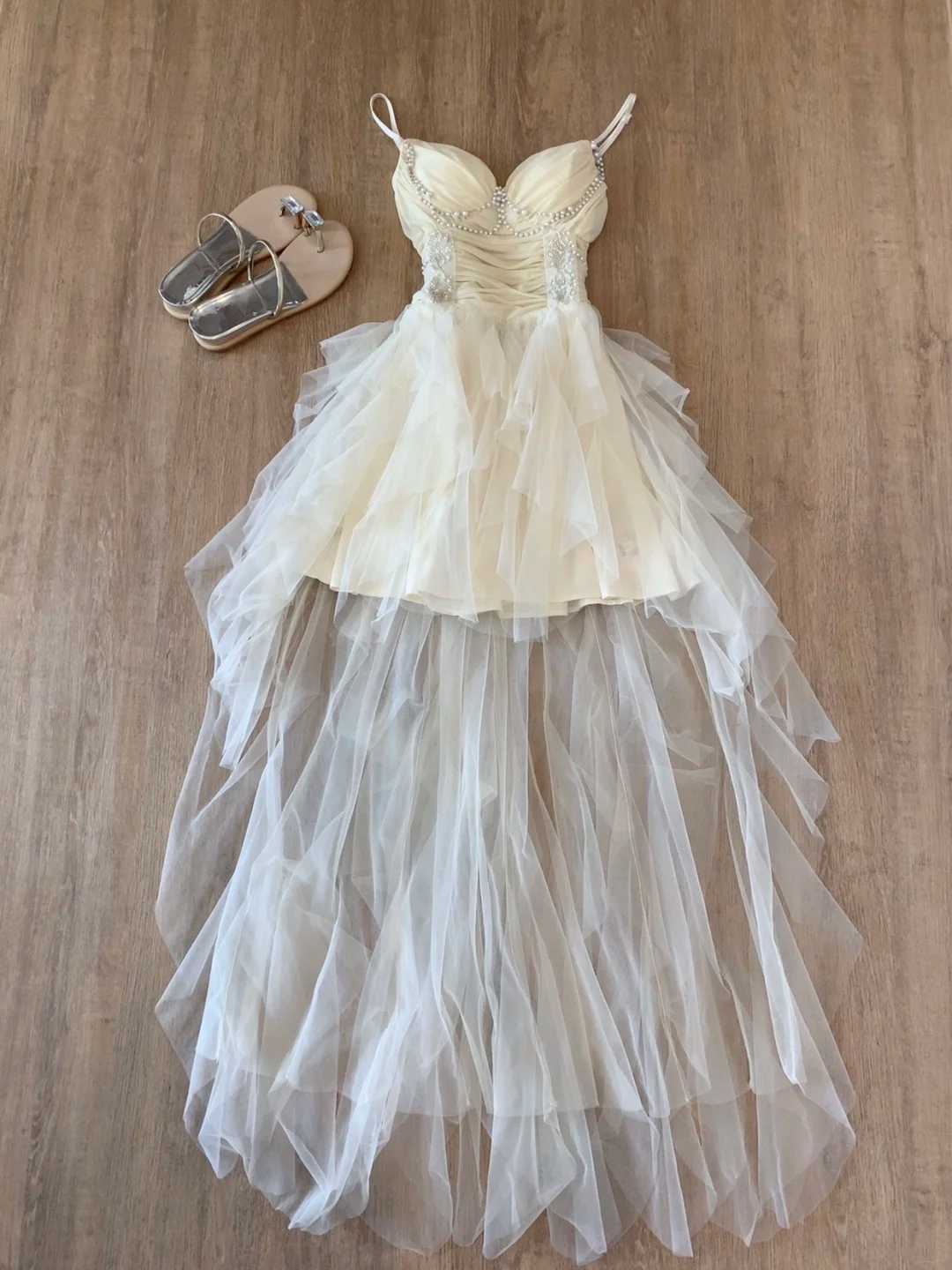 Spaghetti Straps Tulle Ruffle Prom Dress Beaded A Line Evening Dress J8805