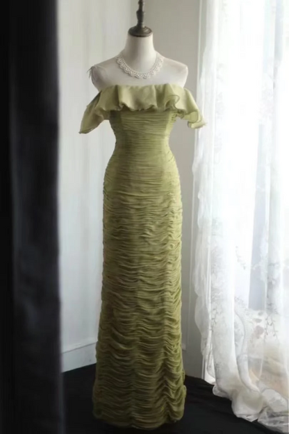 Robe de bal longue verte à volants et épaules dénudées, robe de soirée plissée J8806