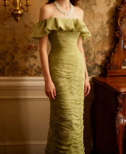 Robe de bal longue verte à volants et épaules dénudées, robe de soirée plissée J8806
