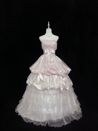 Robe de bal longue bustier rose à volants pour 15 ans J8808