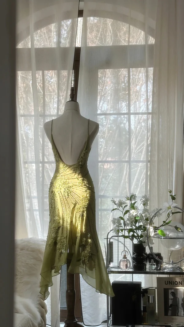 Beaded Mermaid Long Prom Dress Vintage Birthday Outfit J8813