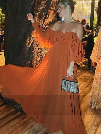 Robe de soirée en mousseline de soie à épaules dénudées et volants, coupe trapèze, robe d'invitée de mariage J8817