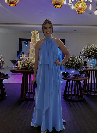Robe de soirée bleue dos nu pour invité de mariage, coupe trapèze, J7180