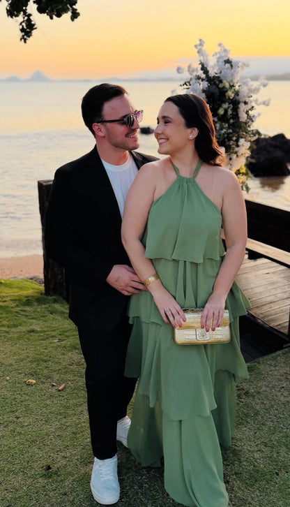 Robe de mariée longue à volants, coupe trapèze, verte, J7922