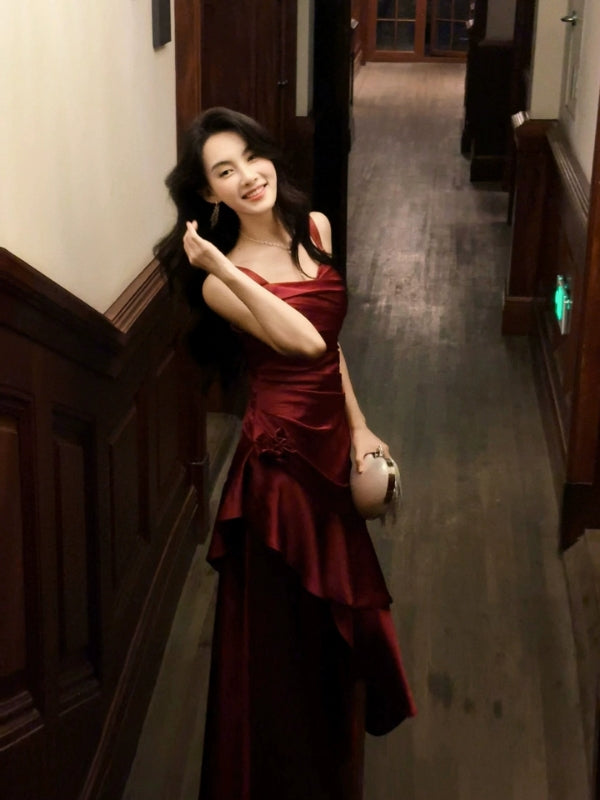 A Line Burgundy Long Prom Dress Ruffle Elegant Evening Dress J8617