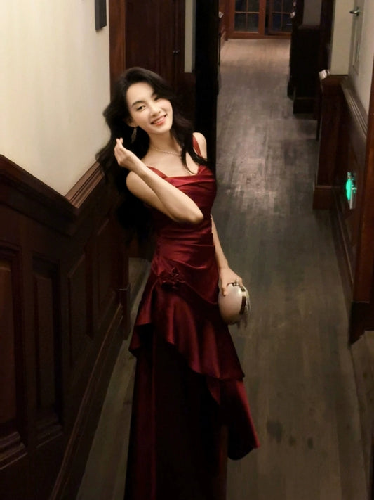 A Line Burgundy Long Prom Dress Ruffle Elegant Evening Dress J8617
