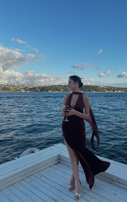 Robe de bal longue sirène à col en V et fente haute, robe de soirée sexy J7858