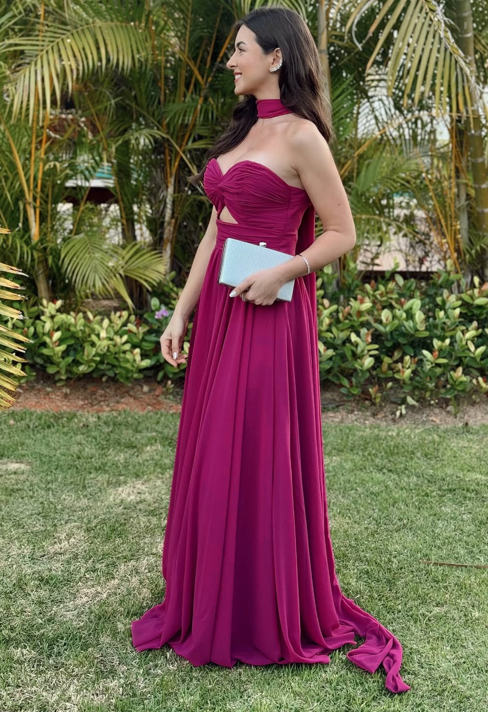 Robe de bal longue fuchsia en mousseline de soie, coupe trapèze, tenue d'invitée de mariage, J8060