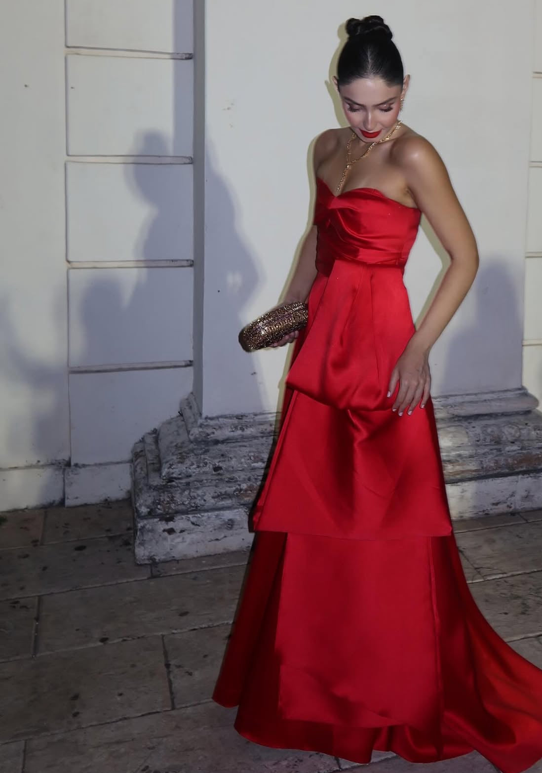 Strapless A Line Red Satin Wedding Guest Dress Tiered Formal Evening Party Dress J7067