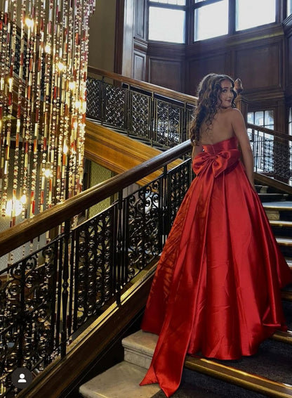 Robe de bal longue rouge bustier coupe trapèze avec nœud papillon, robe d'anniversaire rouge J7855