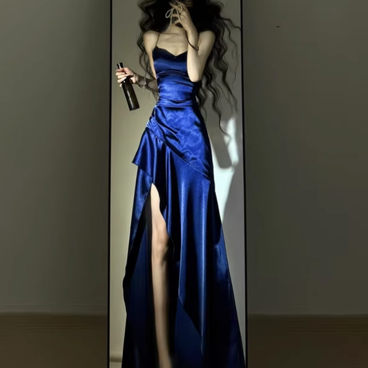Spaghettiträger Königsblau Langes Ballkleid Rüschen Satin Abendkleid J8602
