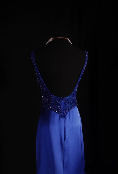 Robe de bal longue et élégante, dos nu, bleu roi, avec perles, J8048