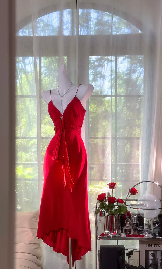 Spaghettiträger Rot V-Ausschnitt Ballkleid Sexy Abendkleid J7647