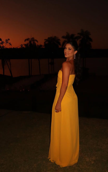Sweetheart A Line Yellow Chiffon Prom Dress Wedding Guest Dress J7760