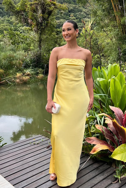Robe fourreau jaune en satin pour bal de promo, robe d'invitée de mariage, robe de soirée, J7073