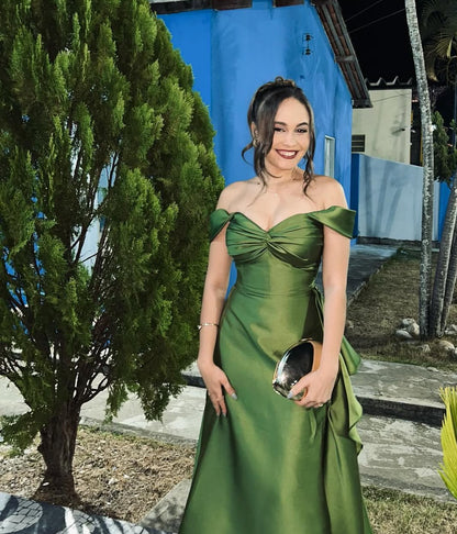 Robe de bal longue en satin vert à épaules dénudées et coupe trapèze, tenue d'invitée de mariage J8026