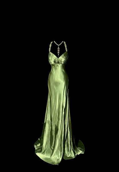 Backless Green Mermaid Satin Long Prom Dress Elegant Evening Dress J7991