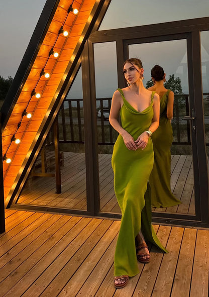 Robe fourreau verte pour invité de mariage, robe de bal longue J7834