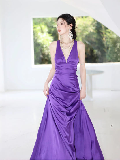 Robe de bal violette à col en V et ligne A, dos nu, J7306