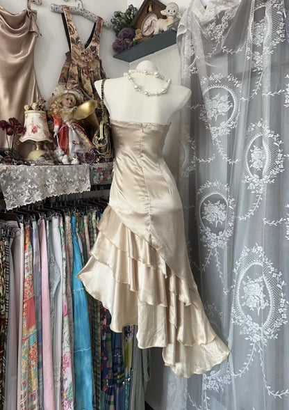 Trägerloses Champagner-Ballkleid mit Satin-Rüschen, formelles Kleid J7002
