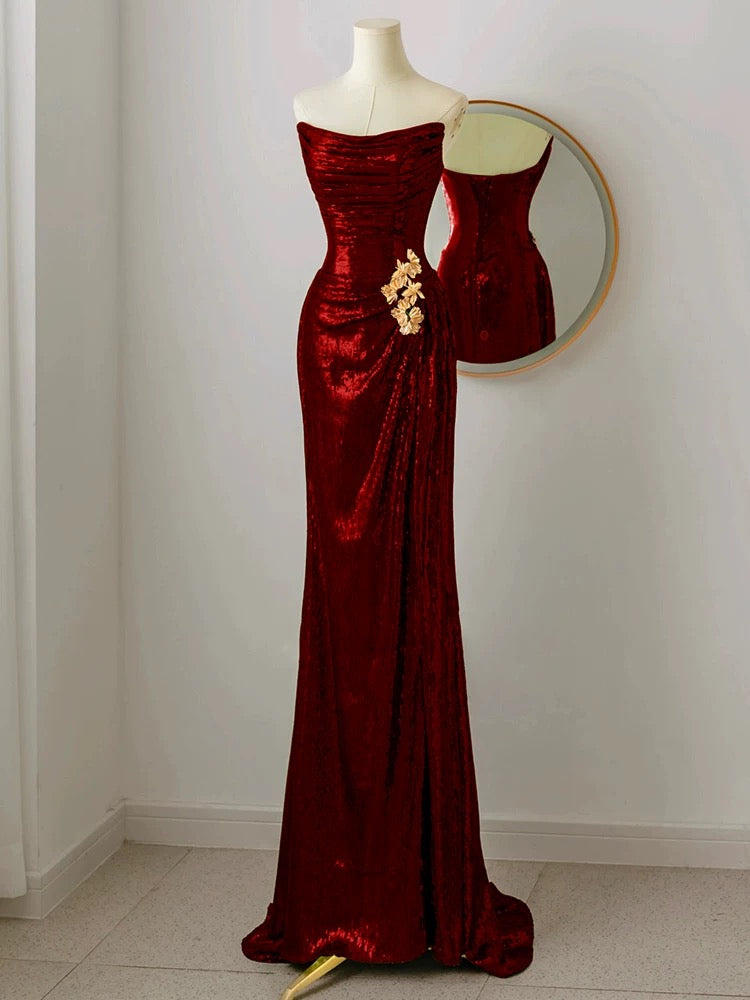 Trägerloses Pailletten-Burgunderrot-Ballkleid Formales Abendkleid J7098