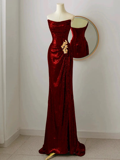 Trägerloses Pailletten-Burgunderrot-Ballkleid Formales Abendkleid J7098