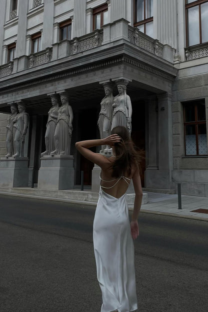 V Neck White Long Prom Dress Backless Birthday Dress J7825