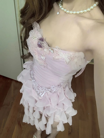 Rosa trägerloses Chiffon-Bodycon-Heimkehrkleid J7751