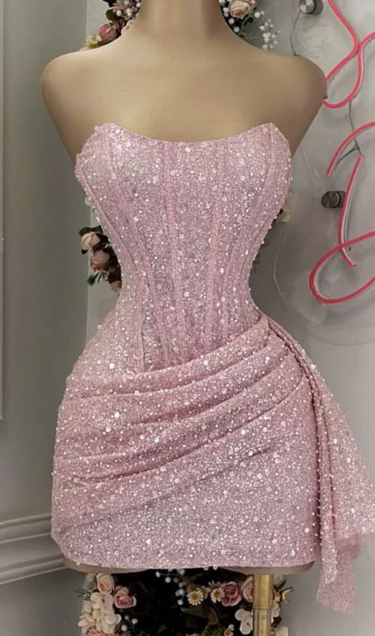 Rosa trägerloses Geburtstagsoutfit, Mini-Heimkehrkleid J6991