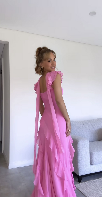 Robe de bal longue rose à volants en mousseline de soie, robe d'invitée de mariage J8795